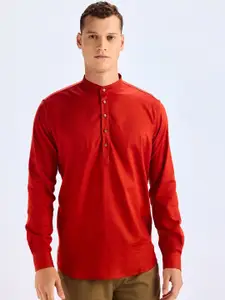 Red Flame Mandarin Collar Long Sleeves Straight Cotton Kurta