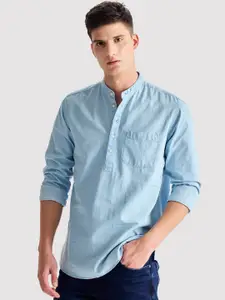 Red Flame Mandarin Collar Thread Work Full Sleeve Casual Kurta