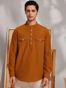 Red Flame Mandarin Collar Full Sleeve Cotton Casual Strigth Kurta