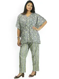 Freesia Array Sunlit Petals Printed Pure Cotton Kaftan Top With Trousers Co-Ords