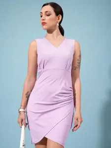 Tokyo Talkies Women Ruched V-Neck Sleeveless Gathered Sheath Dress