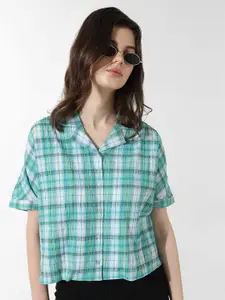 ONLY ONLVERNON Tartan Checked Cuban Collar Pure Cotton Casual Shirt