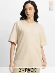 JUNEBERRY Women Pack Of 2 Solid Round Neck Pure Cotton Oversized Tshirts