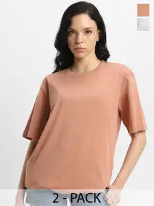 JUNEBERRY Pack Of 2  Round Neck Pure Cotton Oversized T-shirt