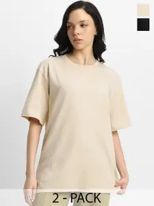 JUNEBERRY Women Pack Of 2 Solid Round Neck Pure Cotton Oversized Tshirts