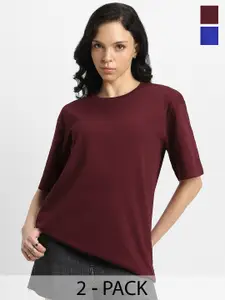 JUNEBERRY Women Pack Of 2 Solid Round Neck Pure Cotton Oversized Tshirts