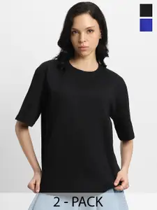 JUNEBERRY Pack Of 2 Drop-Shoulder Sleeves Oversized Pure Cotton T-shirts