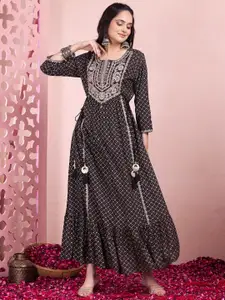 INDYA Printed & Embroidered Fit & Flare Ethnic Dress