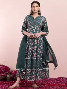 INDYA Floral Print Tiered Pure Cotton Anarkali Ethnic Dress With Dupatta