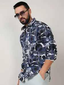 Campus Sutra Navy Blue Classic Geometric Printed Spread Collar Casual Shirt