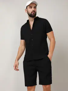 Campus Sutra Black Striped Shirt Collar Shirt With Shorts