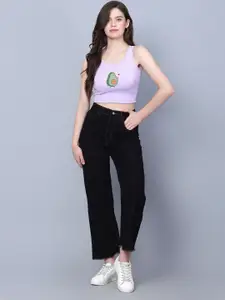 Fashion And Youth Graphic Printed Round Neck Sleeveless Crop Top