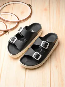 AfroJack Buckle Detailed Leather Open Toe Flats