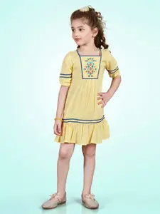 Lil Peacock Girls Geometric Embroidered Square Neck A-Line Dress