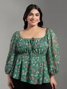 20Dresses Plus Size Green Floral Print Square Neck Puff Sleeves Peplum Top