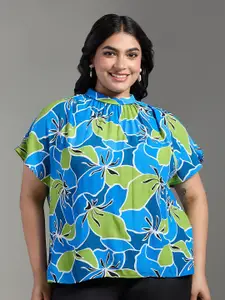 20Dresses Plus Size Blue & Green Floral Print High Neck Short Sleeves Top