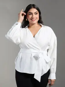 20Dresses Plus Size White Shirt Collar Long Sleeves Wrap Top