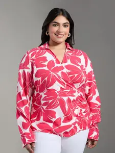 20Dresses Plus Size Fuchsia Floral Print Shirt Collar Wrap Top
