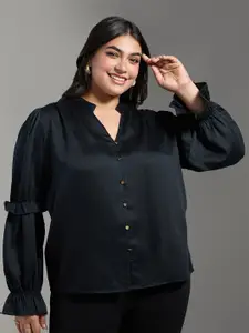20Dresses Plus Size Black Shirt Collar Ruffled Sleeves Top