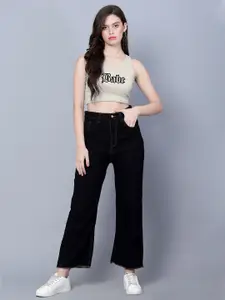 Fashion And Youth Typography Printed Round Neck Rib Crop Top