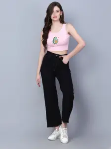 Fashion And Youth Graphic Printed Round Neck Rib Crop Top