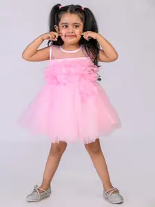 BAESD Girls Floral Print Net Round Neck Sleeveless Fit & Flare Dress Comes With A Belt