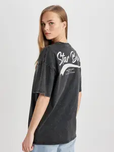 DeFacto Typography Printed Drop-Shoulder Sleeves Pure Cotton Casual T-shirt