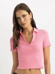 DeFacto Ribbed V-Neck Crop T-shirt