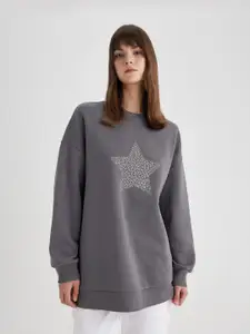 DeFacto Geometric Embellished Drop-Shoulder Sleeves Longline Sweatshirt