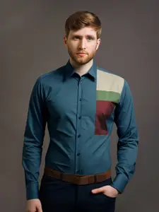 HE SPOKE Smart Tailored Fit Colourblocked Cotton Casual Shirt