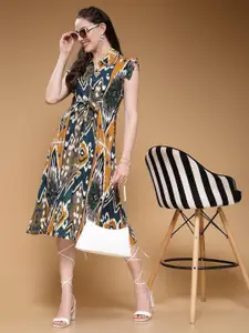 Indibelle Abstract Print Flutter Sleeve A Line Dress