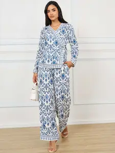 Styli Printed V-Neck Wrap Top & Flared Trouser Co-Ords