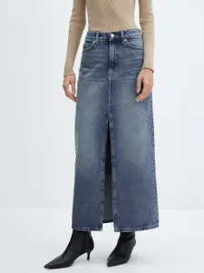 MANGO Women Solid A-Line Denim Cotton Maxi Skirt