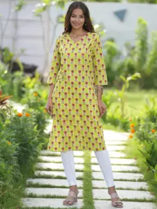 SootiSyahi Floral Printed V-Neck Cotton Straight Kurta