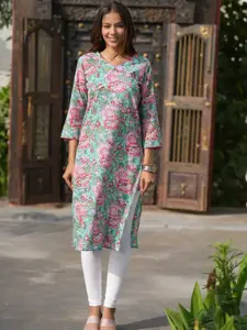 SootiSyahi Floral Printed V-Neck Cotton Straight Kurta