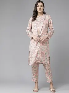 Aarika Floral Printed Shoulder Straps Crop Top With Trousers & Shrug