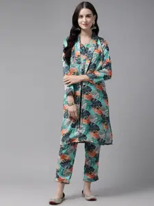 Aarika Floral Printed Satin Crop Top & Trousers With Jacket
