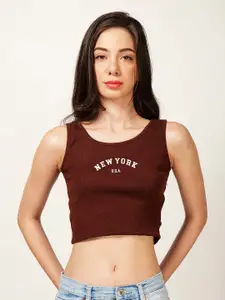 Fashion And Youth Typography Printed Ribbed Fitted Crop Top
