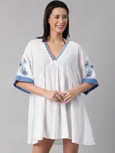 Oxolloxo Women Embroidered Cotton Kaftan Swimwear Cover Up Top
