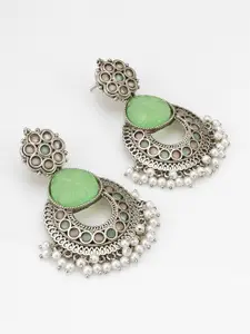 aadita Stone-Studded & Beaded Contemporary Oxidised Drop Earrings