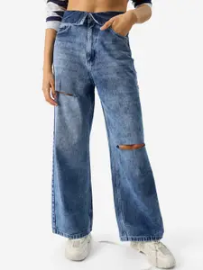 The Souled Store Women Wide Leg Slash Knee Heavy Fade Stretchable Jeans