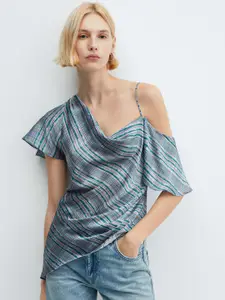MANGO Checked One Shoulder Flared Sleeve Longline Top