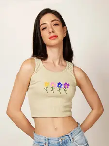 Fashion And Youth Floral Printed Ribbed Fitted Crop Top