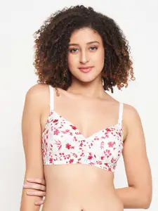 Clovia White Floral Printed Full Coverage Lightly Padded T-Shirt Bra With All Day Comfort