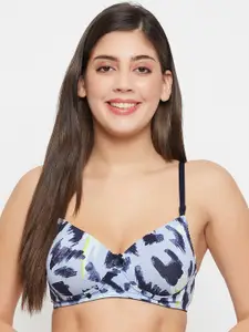 Clovia Blue Printed Full Coverage Lightly Padded Cotton T-shirt Bra With All Day Comfort