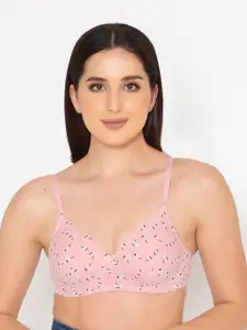 Clovia Pink Printed Full Coverage Lightly Padded Cotton T-shirt Bra With All Day Comfort