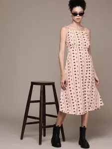 Roadster Geometric Print Crepe A-Line Midi Dress