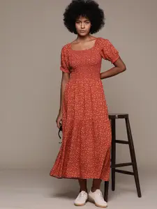 Roadster Abstract Print Puff Sleeve A-Line Midi Dress