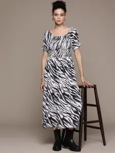 Roadster Animal Print Puff Sleeve A-Line Midi Dress