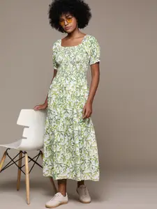 Roadster Tropical Print Puff Sleeve A-Line Midi Dress